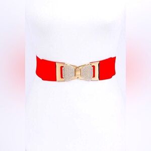 Red & Gold Rhinestone Bow Tie Elastic Stretch Waist Statement Belt